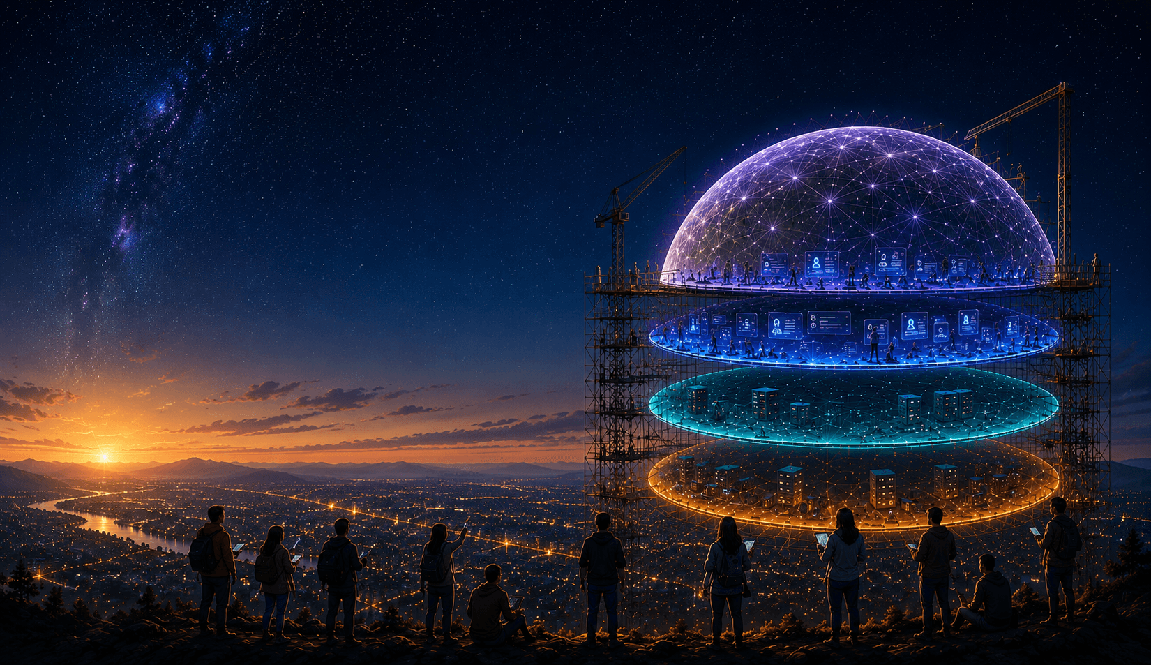 Completed Meta-Layer coordination dome with trust, context, presence, and governance